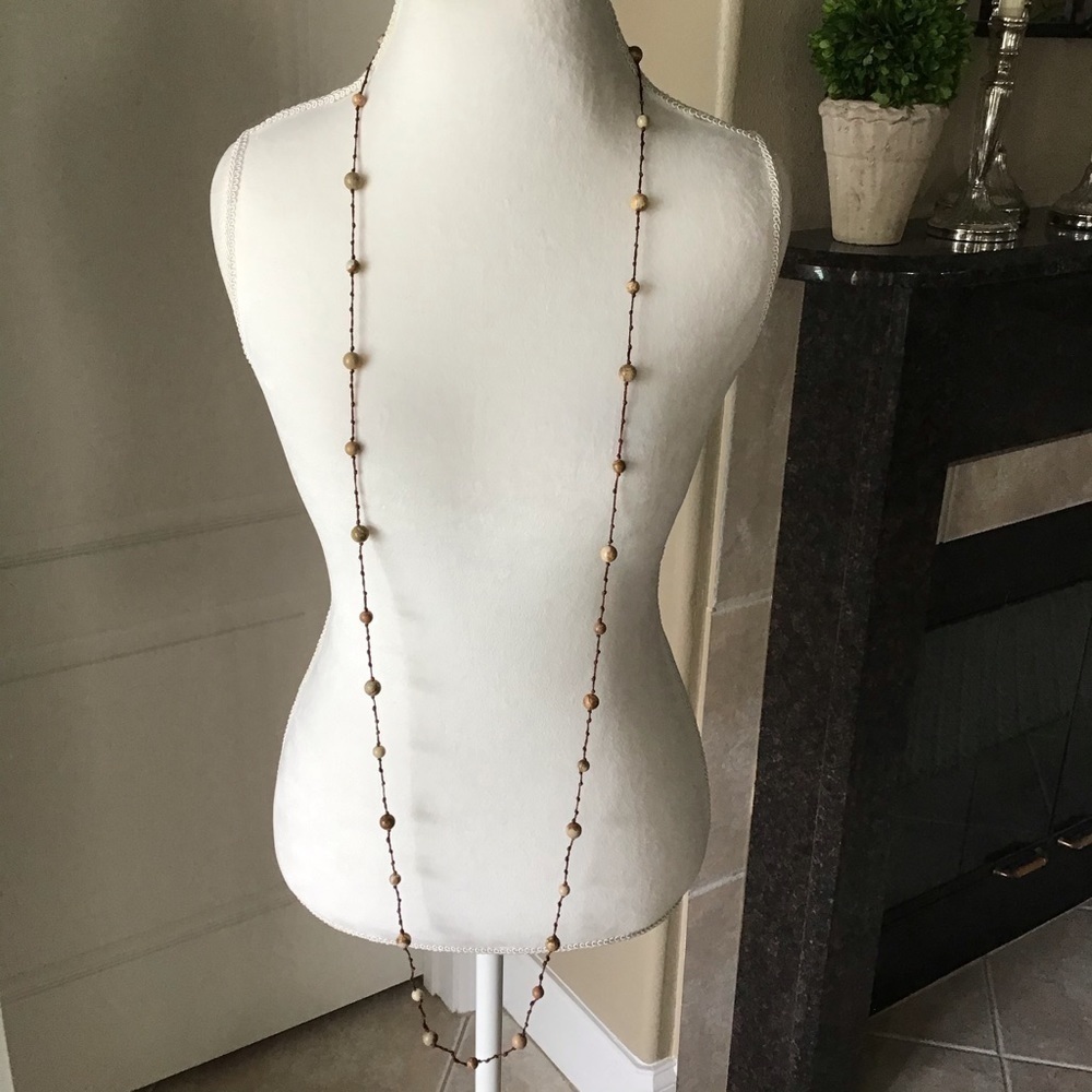 Crochet & Stone LONG Necklace BROWN Bead Strand Knot Boho Festival Natural NEW
